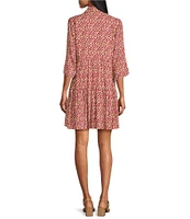 Nurture by Westbound Y-Neckline Embroidered Floral Button Front Roll Sleeve Tiered Short Dress