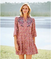 Nurture by Westbound Y-Neckline Embroidered Floral Button Front Roll Sleeve Tiered Short Dress