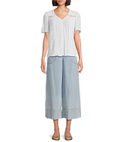 Nurture Crinkle Woven Embroidered Short Sleeve V-Neck Top