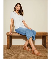 Nurture Crinkle Woven Embroidered Short Sleeve V-Neck Top