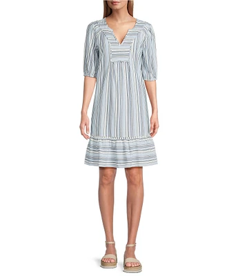 Nurture Stripe Print Elbow Sleeve V-Neck Short A-Line Dress