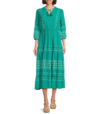 Nurture Embroidered Midi V-Neck 3/4 Sleeve Dress