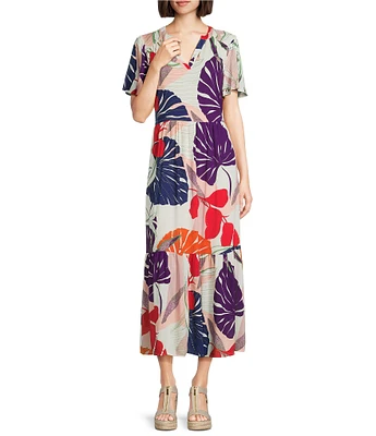 Nurture Leaf Print Short Flutter Sleeve V-Neck A-Line Maxi Dress