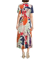 Nurture Leaf Print Short Flutter Sleeve V-Neck A-Line Maxi Dress