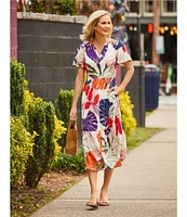 Nurture Leaf Print Short Flutter Sleeve V-Neck A-Line Maxi Dress