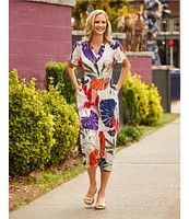 Nurture Leaf Print Short Flutter Sleeve V-Neck A-Line Maxi Dress