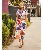 Nurture Leaf Print Short Flutter Sleeve V-Neck A-Line Maxi Dress