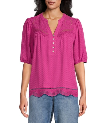 Nurture Mixed Media Pattern Elbow Puff Sleeves Top