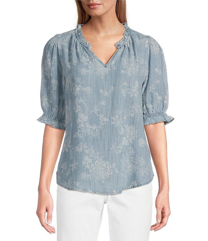 Nurture Notch Neck Short Sleeve Ruffled Top