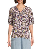 Nurture Petite Size Chambray Elbow Sleeve Y-Neck Blouse