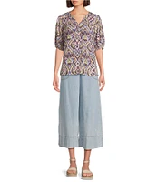 Nurture Petite Size Chambray Elbow Sleeve Y-Neck Blouse