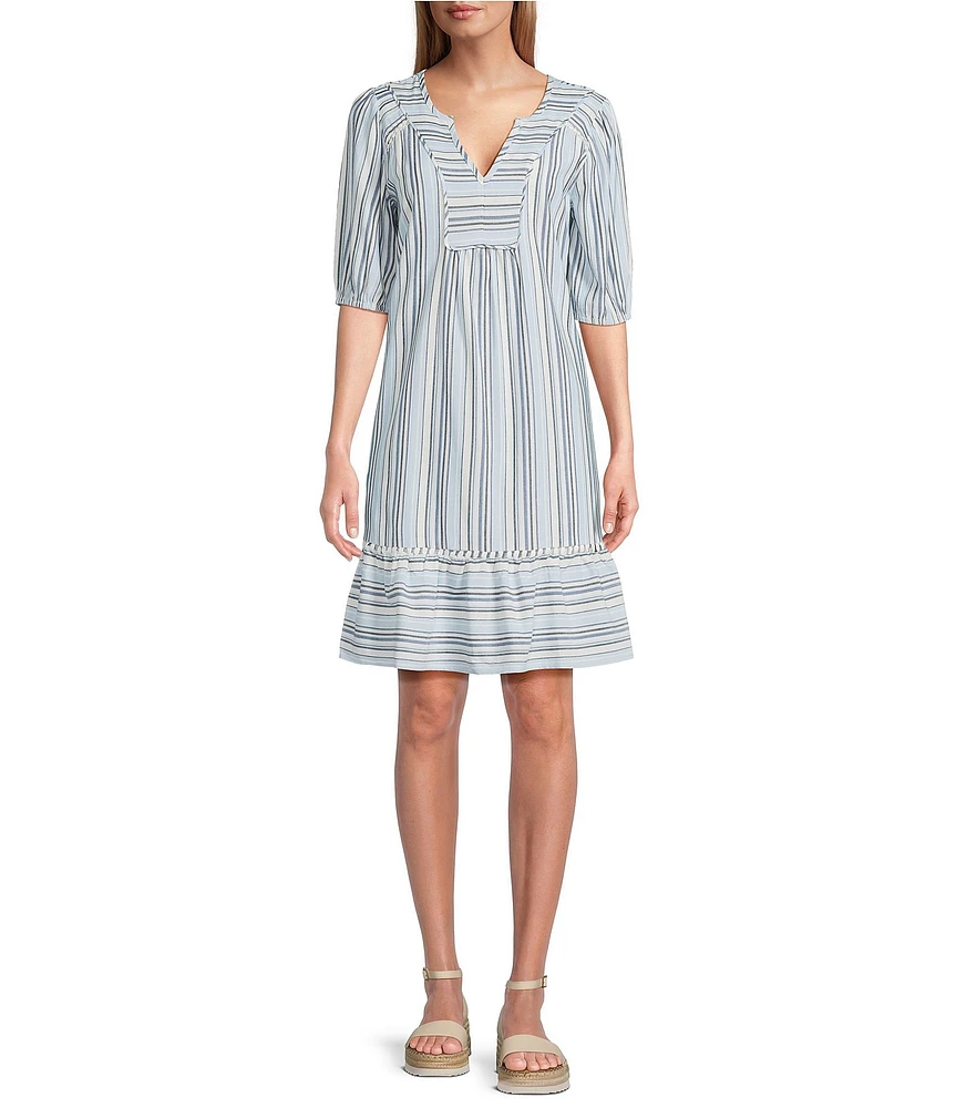 Nurture Petite Size Stripe Elbow Sleeve V-Neck Short A-Line Dress