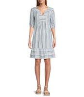 Nurture Petite Size Stripe Elbow Sleeve V-Neck Short A-Line Dress