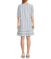 Nurture Petite Size Stripe Elbow Sleeve V-Neck Short A-Line Dress