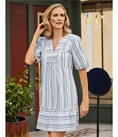 Nurture Petite Size Stripe Elbow Sleeve V-Neck Short A-Line Dress