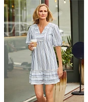 Nurture Petite Size Stripe Elbow Sleeve V-Neck Short A-Line Dress