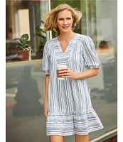 Nurture Petite Size Stripe Elbow Sleeve V-Neck Short A-Line Dress