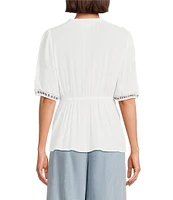 Nurture Petite Size Embroidered V-Neck Elbow Puff Sleeve Top
