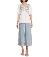 Nurture Petite Size Embroidered V-Neck Elbow Puff Sleeve Top