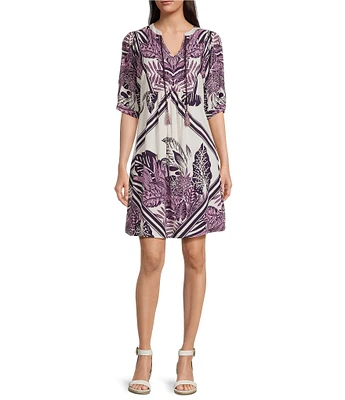 Nurture Petite Size Jacquard Elbow Sleeve V-Neck A-Line Dress