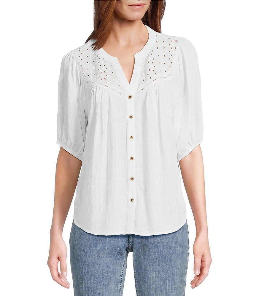 Nurture Petite Size V-Neck Button Down Mixed Media Blouse