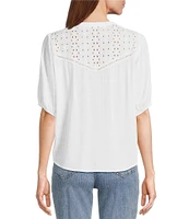 Nurture Petite Size V-Neck Button Down Mixed Media Blouse