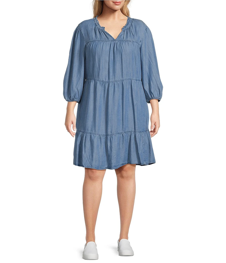 Nurture Plus Size 3/4 Sleeve V-Neck Ruffle Tiered A-Line Dress
