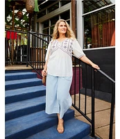 Nurture Plus Size Embroidered V-Neck Elbow Puff Sleeve Top