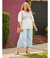 Nurture Plus Size Embroidered V-Neck Elbow Puff Sleeve Top