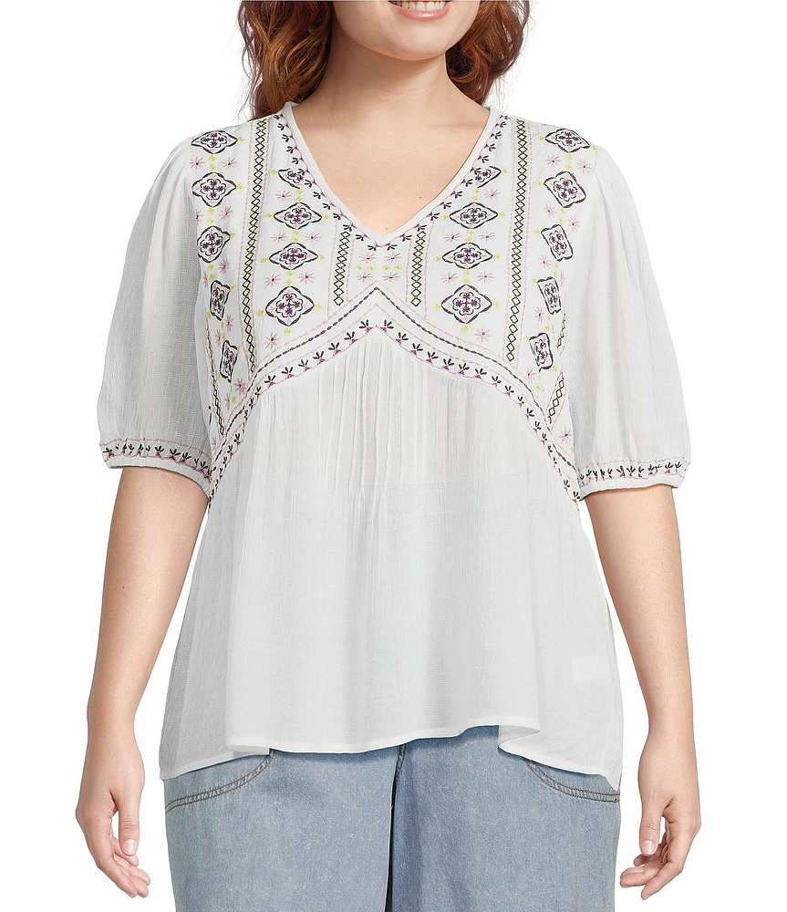 Nurture Plus Size Embroidered V-Neck Elbow Puff Sleeve Top
