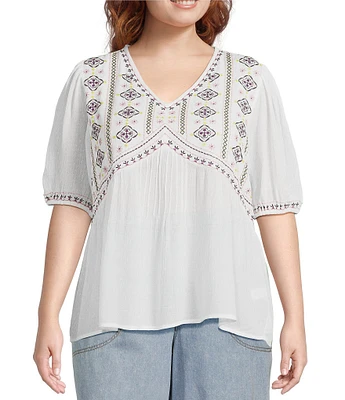 Nurture Plus Size Embroidered V-Neck Elbow Puff Sleeve Top