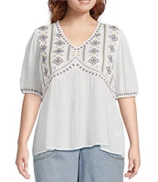 Nurture Plus Size Embroidered V-Neck Elbow Puff Sleeve Top