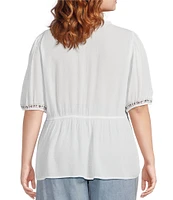 Nurture Plus Size Embroidered V-Neck Elbow Puff Sleeve Top