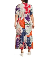 Nurture Plus Size Tropical Palm Print Short Flutter Sleeve V-Neck Maxi Dress
