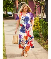 Nurture Plus Size Tropical Palm Print Short Flutter Sleeve V-Neck Maxi Dress