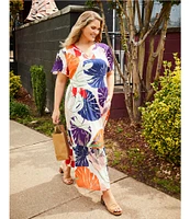 Nurture Plus Size Tropical Palm Print Short Flutter Sleeve V-Neck Maxi Dress