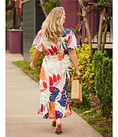 Nurture Plus Size Tropical Palm Print Short Flutter Sleeve V-Neck Maxi Dress
