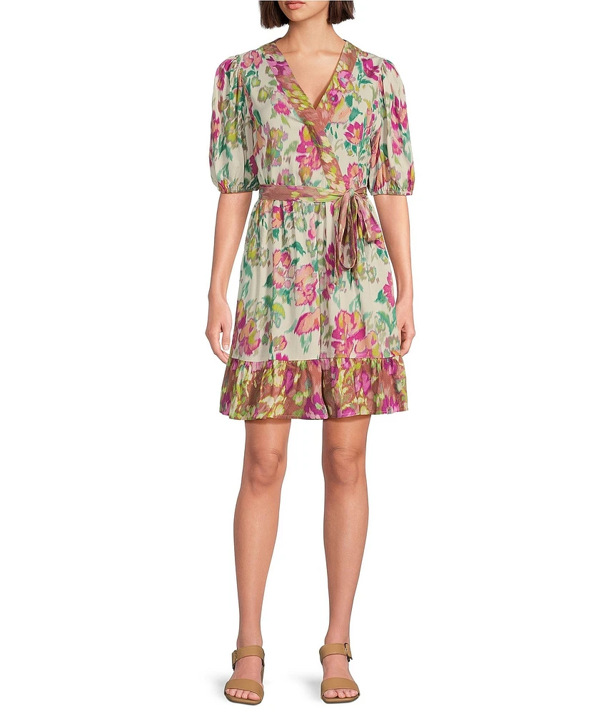 Nurture Short Sleeve Belted Faux Wrap V-Neck Dress
