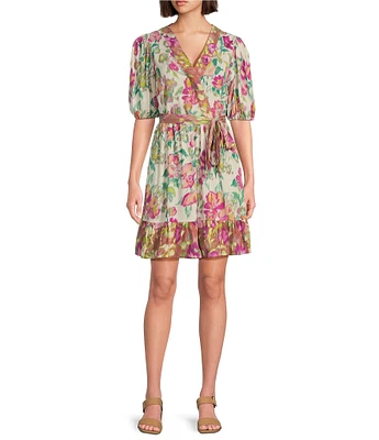 Nurture Short Sleeve Belted Faux Wrap V-Neck Dress
