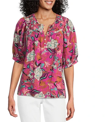 Nurture Smocked Yoke Short Sleeve V-Neck Button Down Top