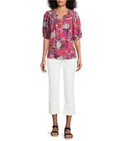 Nurture Smocked Yoke Short Sleeve V-Neck Button Down Top