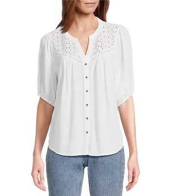 Nurture V-Neck Button Down Mixed Media Blouse