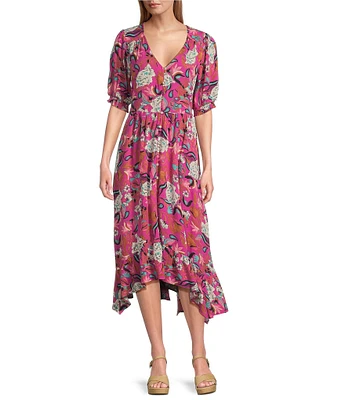 Nurture V-Neck Button Smocked Elbow Sleeves Midi Dress