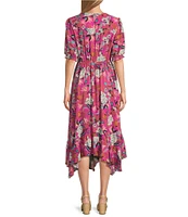 Nurture V-Neck Button Smocked Elbow Sleeves Midi Dress