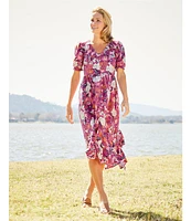 Nurture V-Neck Button Smocked Elbow Sleeves Midi Dress