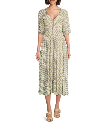 Nurture V-Neck Smocked Bodice Elbow Sleeve Midi Dress