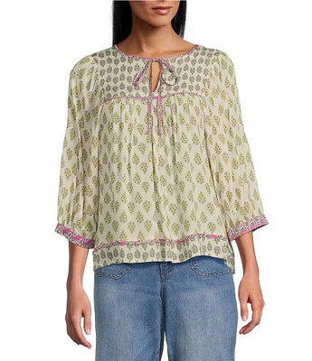 Nurture Woven Geo Mix Pattern Elbow Sleeve Top