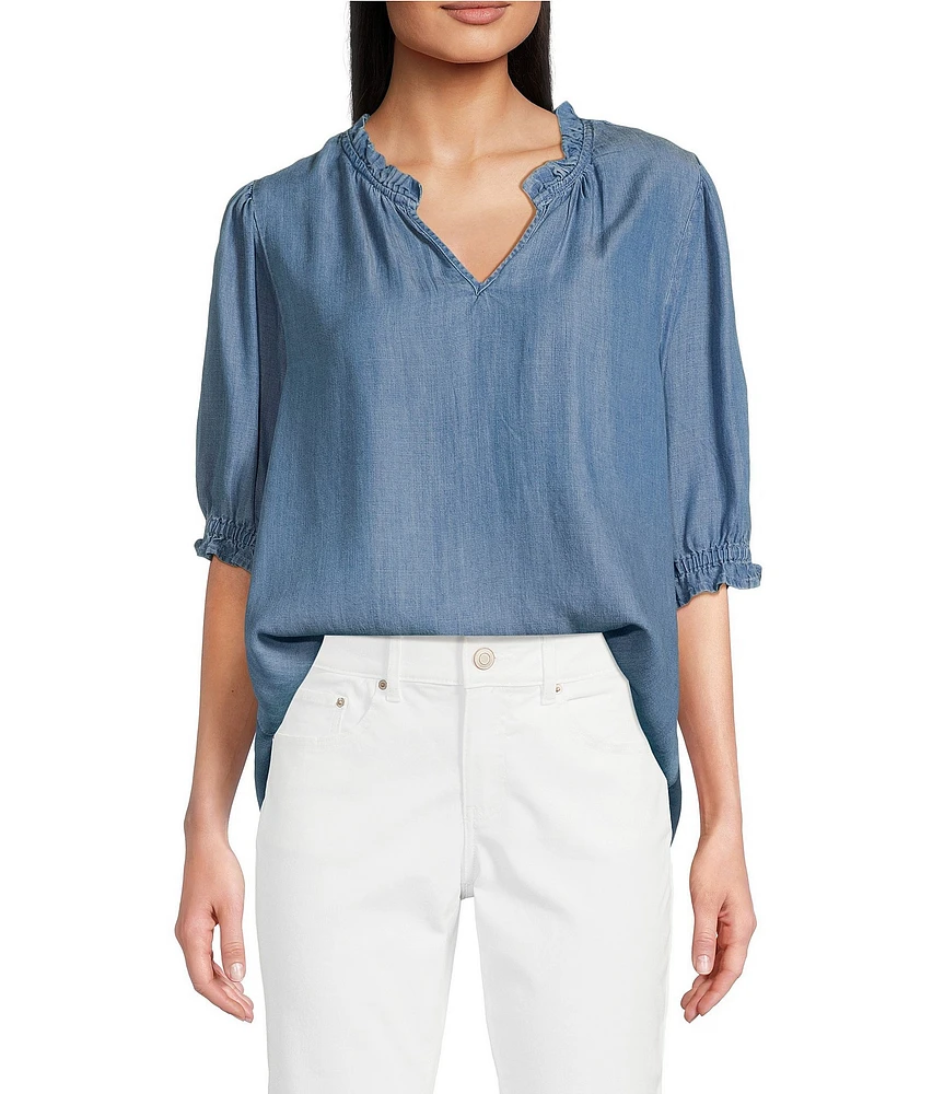 Nurture Woven Short Sleeve Ruffle V-Neck Top