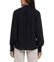 NYDJ Gemma Split V-Neck Smocked Long Sleeve Curved Hem Blouse