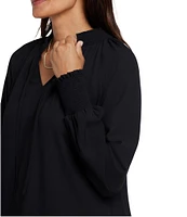 NYDJ Gemma Split V-Neck Smocked Long Sleeve Curved Hem Blouse